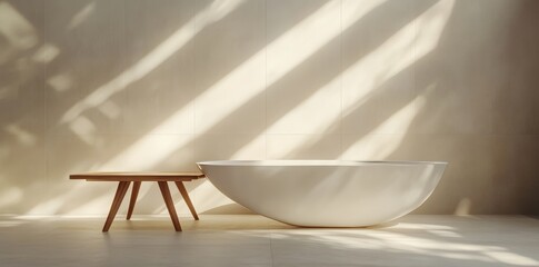 An interior shot of a modern bathroom with an empty side table and a bathtub