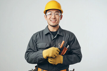 Worker wearing hard hat smiling positively