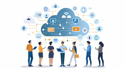 Wall Mural - Cloud computing concept with professionals collaborating, featuring data security, connectivity, and digital transformation icons.