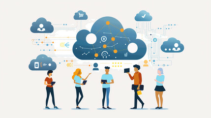 Wall Mural - Cloud computing concept with professionals collaborating, featuring data security, connectivity, and digital transformation icons.