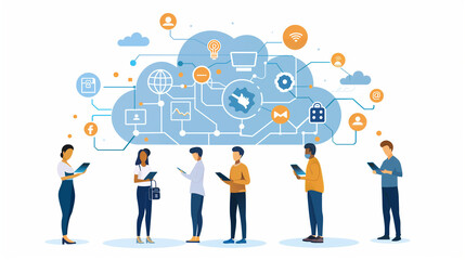 Wall Mural - Cloud computing concept with professionals collaborating, featuring data security, connectivity, and digital transformation icons.