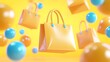 © Tackey - Floating yellow shopping bags with blue bubbles on a bright yellow background, representing shopping and commerce in a vibrant 3D illustration.