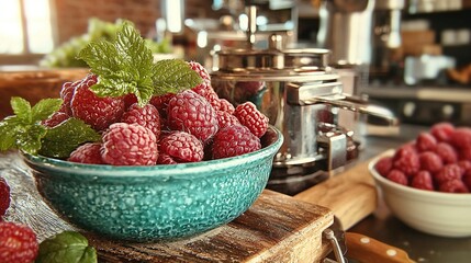 Wall Mural -   Raspberries on cutting board