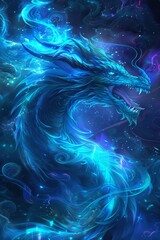 Wall Mural - Blue Fire Dragon, a mythical creature of power and magic, soars through a swirling cosmic landscape.