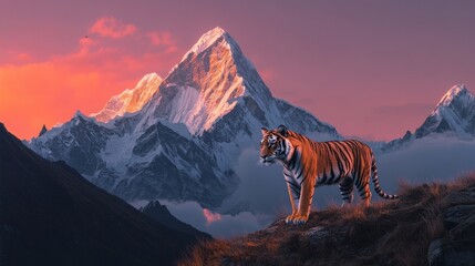 Wall Mural - A majestic mountain landscape at dawn, with towering peaks reaching into a sky painted in soft hues of pink and orange. In the foreground, a powerful tiger stands poised