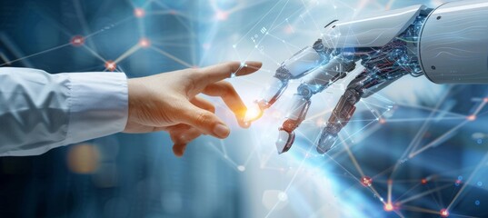 Human and robotic hands touching amidst digital data connections and code swirls