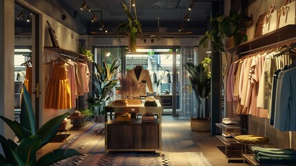 Fashionable boutique with chic clothing displays and trendy decor. 32k, full ultra hd, high resolution