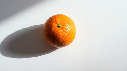 Wall Mural - A single orange on a white surface with a long shadow.