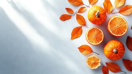 Wall Mural -   A pair of oranges halved and set on a white plate with foliage above