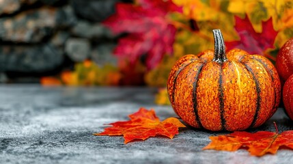 Sticker -   A couple of orange pumpkins sit atop a table amidst piles of vibrant red and yellow leaves