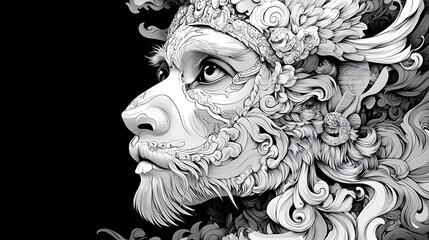 Monochromatic illustration of a man's face adorned with intricate floral and geometric patterns, reminiscent of traditional Balinese art.