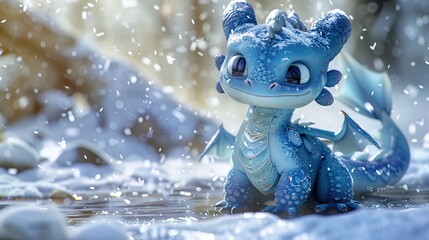 Wall Mural - A cute, small, blue dragon with large amber eyes, tiny wings, and red inner ears sits in the snow.