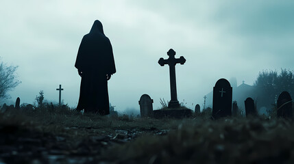 Wall Mural - Silhouette of a grim reaper on a grave yard