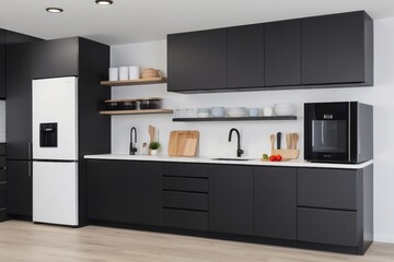 Wall Mural - Modern Kitchen with White Refrigerator and Black Cabinetry