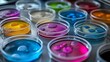 © antusher - Close-up of colorful bacterial colonies in petri dishes, sharp focus, vibrant lab scientific theme.