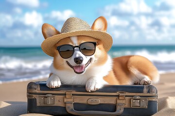 Stylish corgi with hat and sunglasses on vintage suitcase at beach, tropical vibes