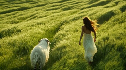 A woman walking in a field with sheep behind her, AI