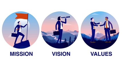 Aufkleber - Mission vision and values vector animation - business concept graphics of office people representing core values in corporate company. Flat design oval frames on white background
