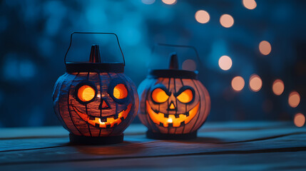 Two halloween lanterns with evil eyes and face on a wood table with a spooky dark blue background at night with light bokeh. 