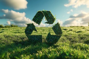 A lush green recycle symbol made of grass and leaves in a field with a blue sky and white clouds.