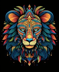 Wall Mural - Colorful abstract lion head illustration with intricate patterns and vibrant leaves on a dark background