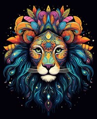 Wall Mural - Colorful abstract lion head illustration with intricate patterns and vibrant leaves on a dark background