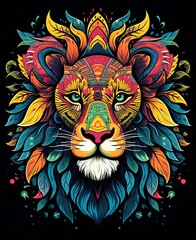 Wall Mural - Colorful abstract lion head illustration with intricate patterns and vibrant leaves on a dark background