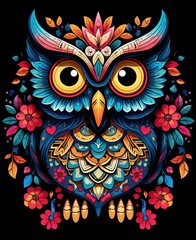 Wall Mural - Colorful abstract owl illustration with intricate floral patterns and vibrant details on a dark background
