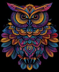 Wall Mural - Vibrant abstract owl with intricate feather patterns and colorful details on a dark background