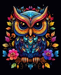 Wall Mural - Colorful abstract owl illustration with intricate floral patterns and vibrant details on a dark background