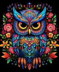 Colorful abstract owl illustration with intricate floral patterns and vibrant details on a dark background