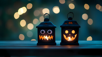 Two halloween lanterns with evil eyes and face on a wood table with a spooky dark blue background at night with light bokeh. 