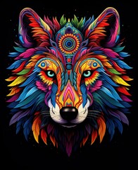 Wall Mural - Vibrant abstract wolf head with intricate patterns and colorful geometric designs on a dark background