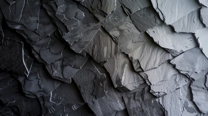 Poster - A wall of stacked slate tiles in various shades of grey.