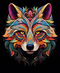 Wall Mural - Colorful abstract wolf head illustration with intricate patterns and vibrant colors on a black background