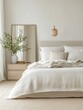 © Алена Ваторина - Minimalist bedroom with soft neutral tones, a cozy bed, and  decor including greenery and simple furniture