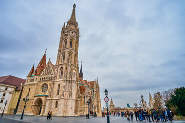 Sticker - Matthias Church with its tall bell tower, the symbol of Fisherman's Bastion, Budapest, Hungary