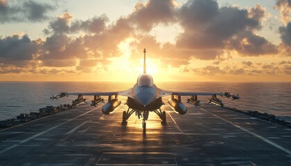 Landing f 16 jet on aircraft carrier in ocean   a military aviation 3d rendering concept