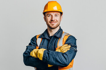 Worker wearing hard hat smiling positively