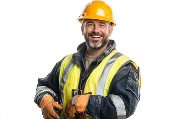 Worker wearing hard hat smiling positively