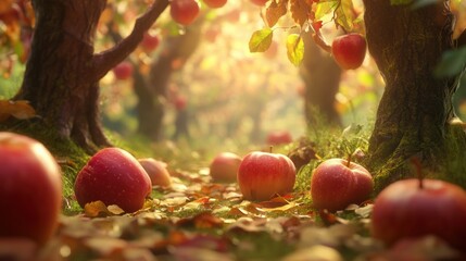 Canvas Print - A bunch of apples are laying on the ground in a field, AI