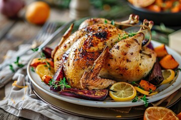 Wall Mural - Roasted holiday turkey served with assorted vegetables and garnished with rosemary, set on a festive dinner table with candles and warm holiday lighting