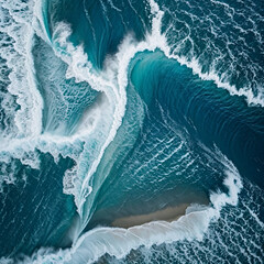 Aerial view beautiful of sea waves from drone. Stock image of blue color of ocean water, sea surface. Top view on turquoise waves, clear water surface texture.

