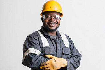 Worker wearing hard hat smiling positively