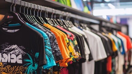 Colorful custom-printed t-shirts on hangers, showcasing dye sublimation printing technique.