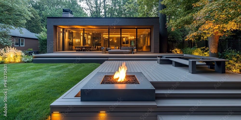 minimalist entertainment deck on a suburban home, with a recessed fire ...