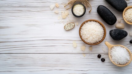 Sticker - A wooden spoon with rice and salt on a white table, AI