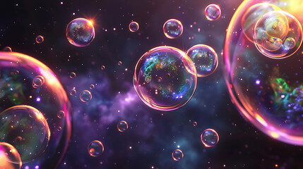 A cosmic scene featuring iridescent bubbles floating in space.