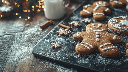 Wall Mural -   A cookie plate with a glass of milk and Christmas tree background