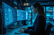 © MOTOKO Stock - AI Cybersecurity Analyst Protects Digital Frontiers: Woman Examines Threats in High-Tech Data Center